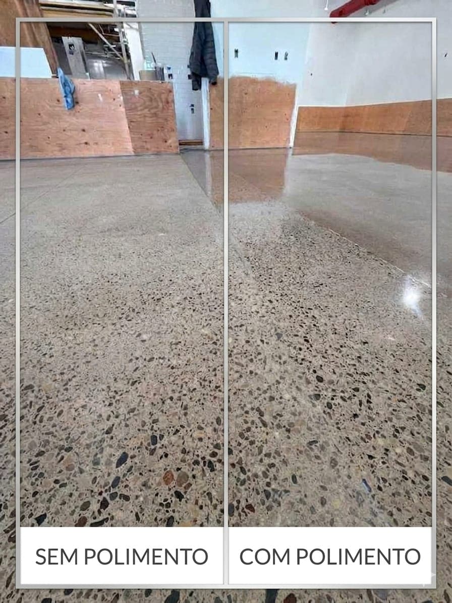 Comparativo visual entre piso sem polimento e piso com polimento.